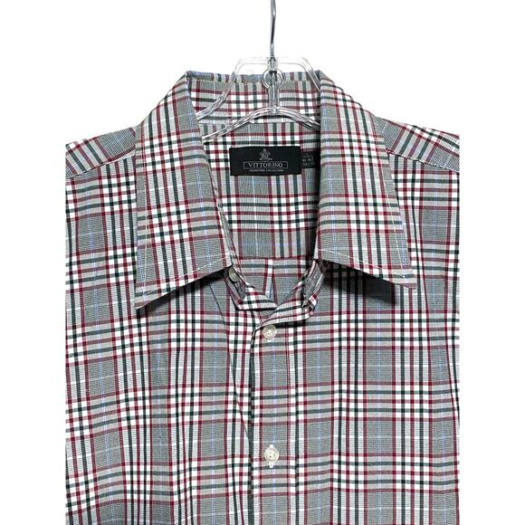 Vittorino Button Down Shirt Plaid Checks Mens L 16-16.5 Red Green White 34-35 - Picture 2 of 8